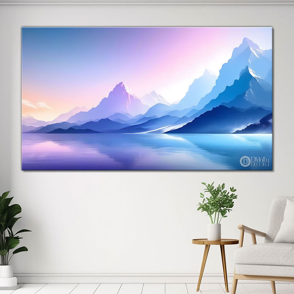 Mountains with river in purple and blue textured water color art Canvas Painting - Nature Art -157