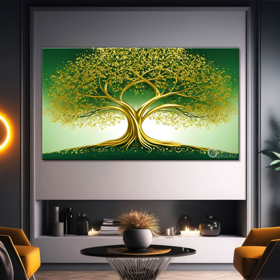 Golden tree in dark green textured background modern art- Design - Tree-157