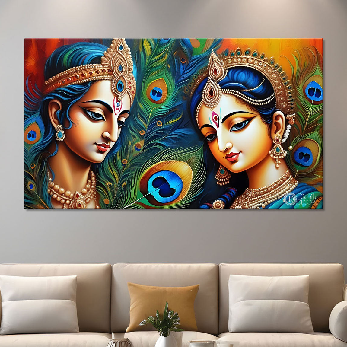 Krishna and Radha with yellow and peacock feather background painting Canvas Painting - Design - Krishna-157
