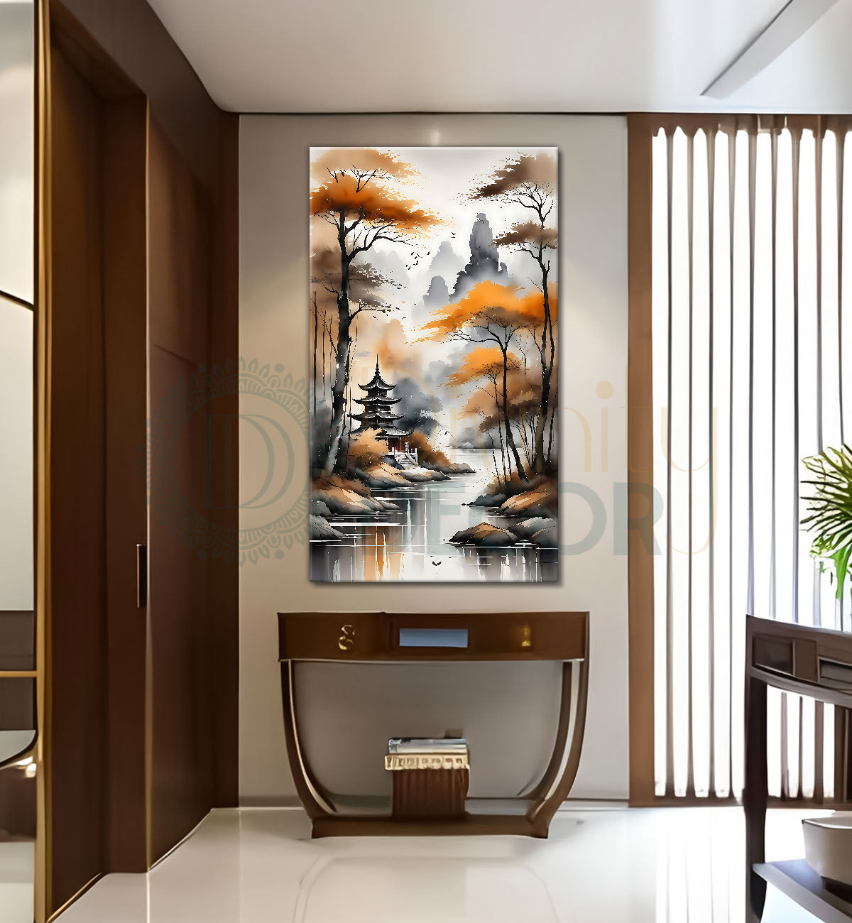 Golden trees with lake textured painting Canvas Painting - Nature Art -V-157