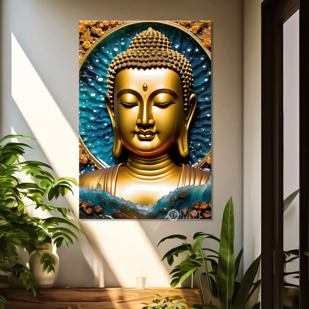 Golden buddha with blue texturd painting - Buddha-V-158