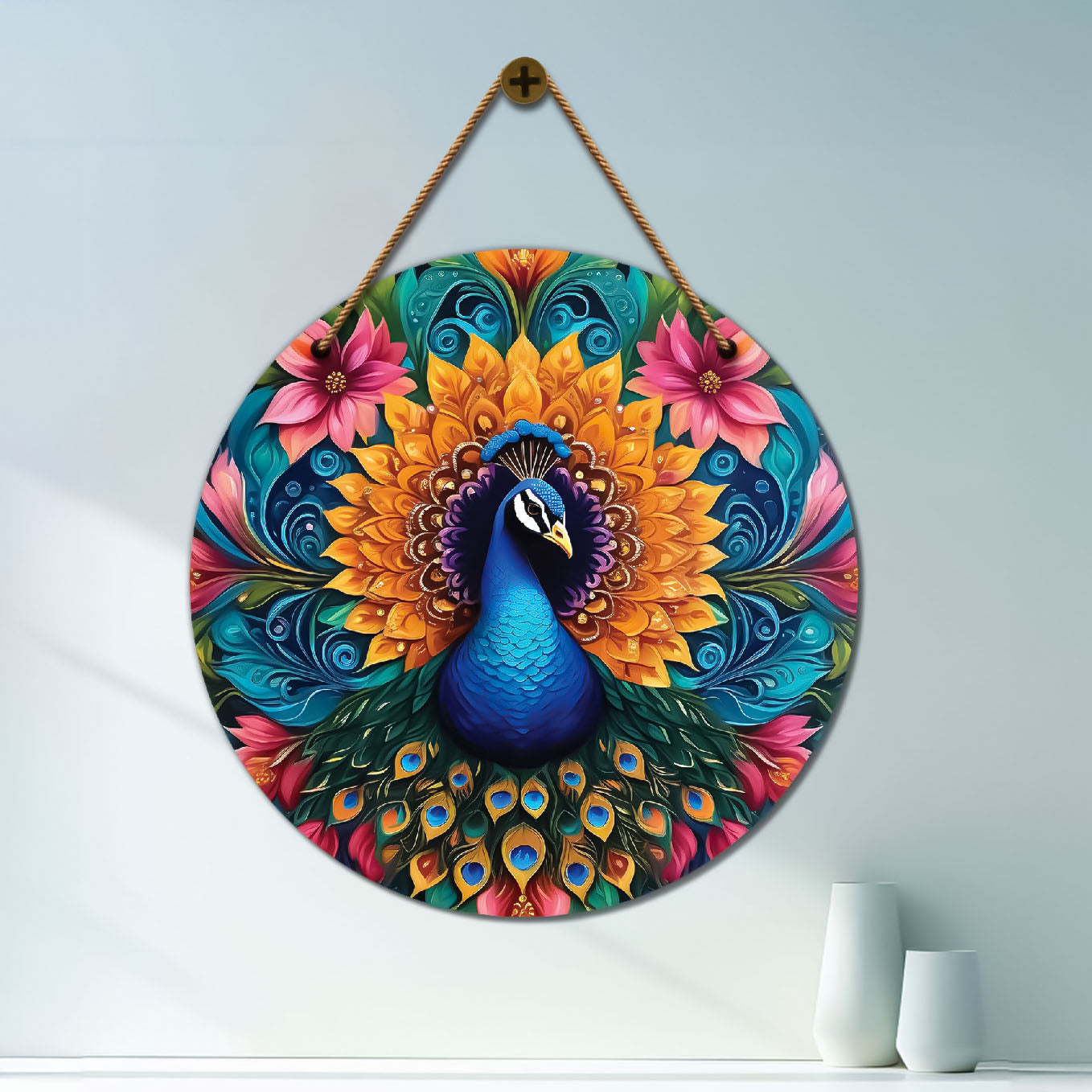 Peacock in green and floral mandala Round Wooden Wall Hanging for wall Décor - Design - 158