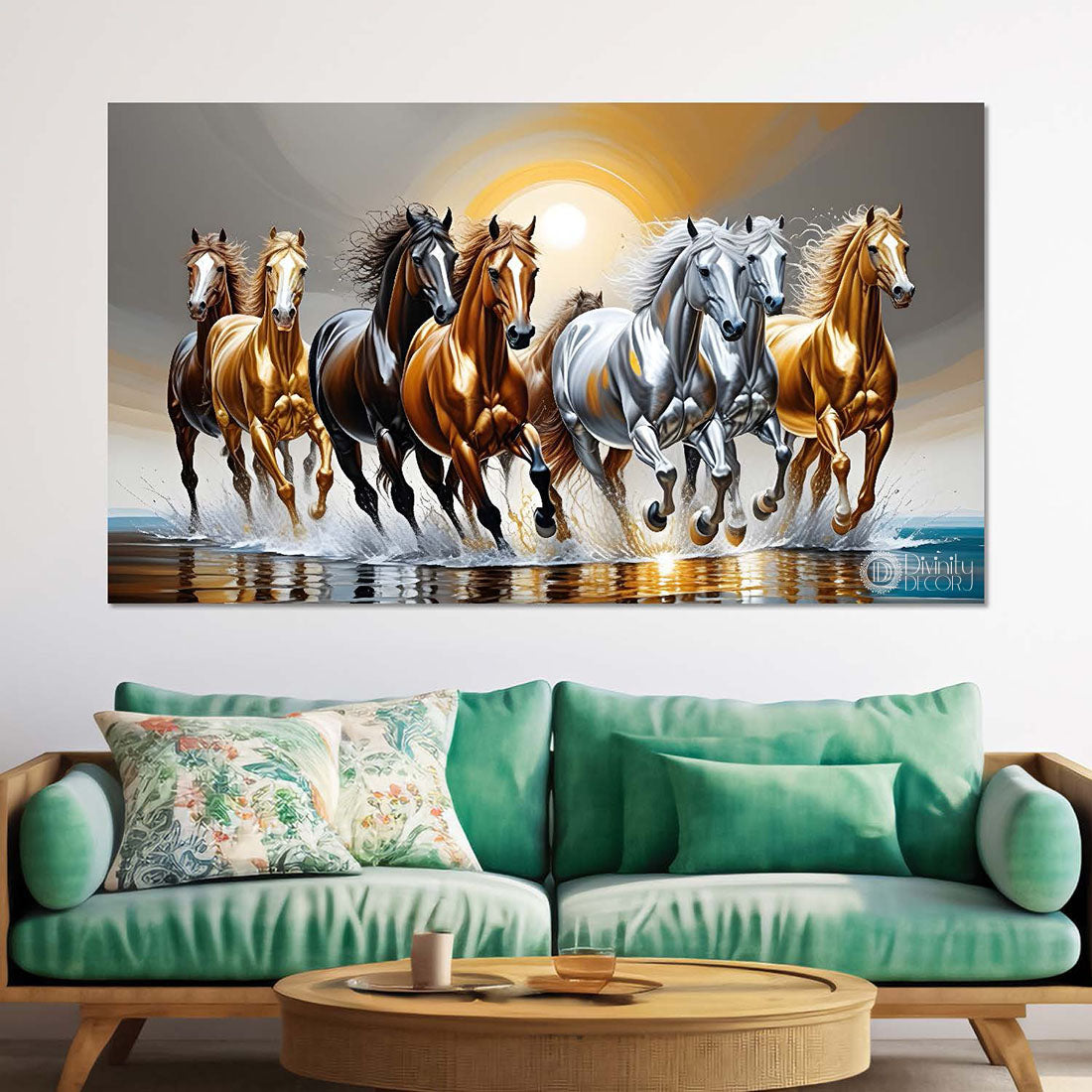 Silver and golden horses running on the water with grey textured background art Canvas Painting - Design - Horse-158