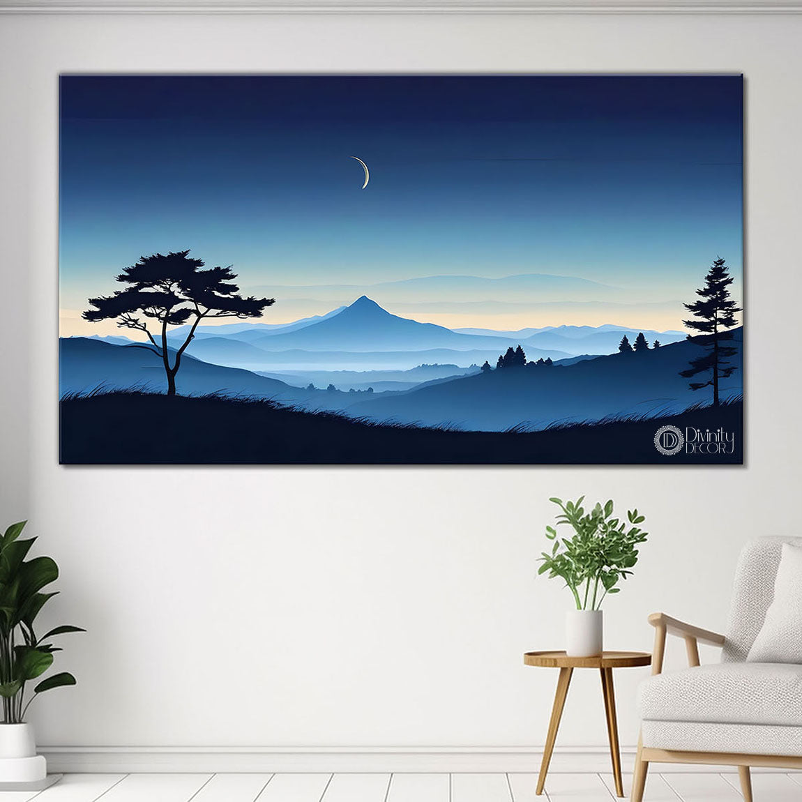 Mountains with trees in textured water color painting Canvas Painting - Nature Art -158