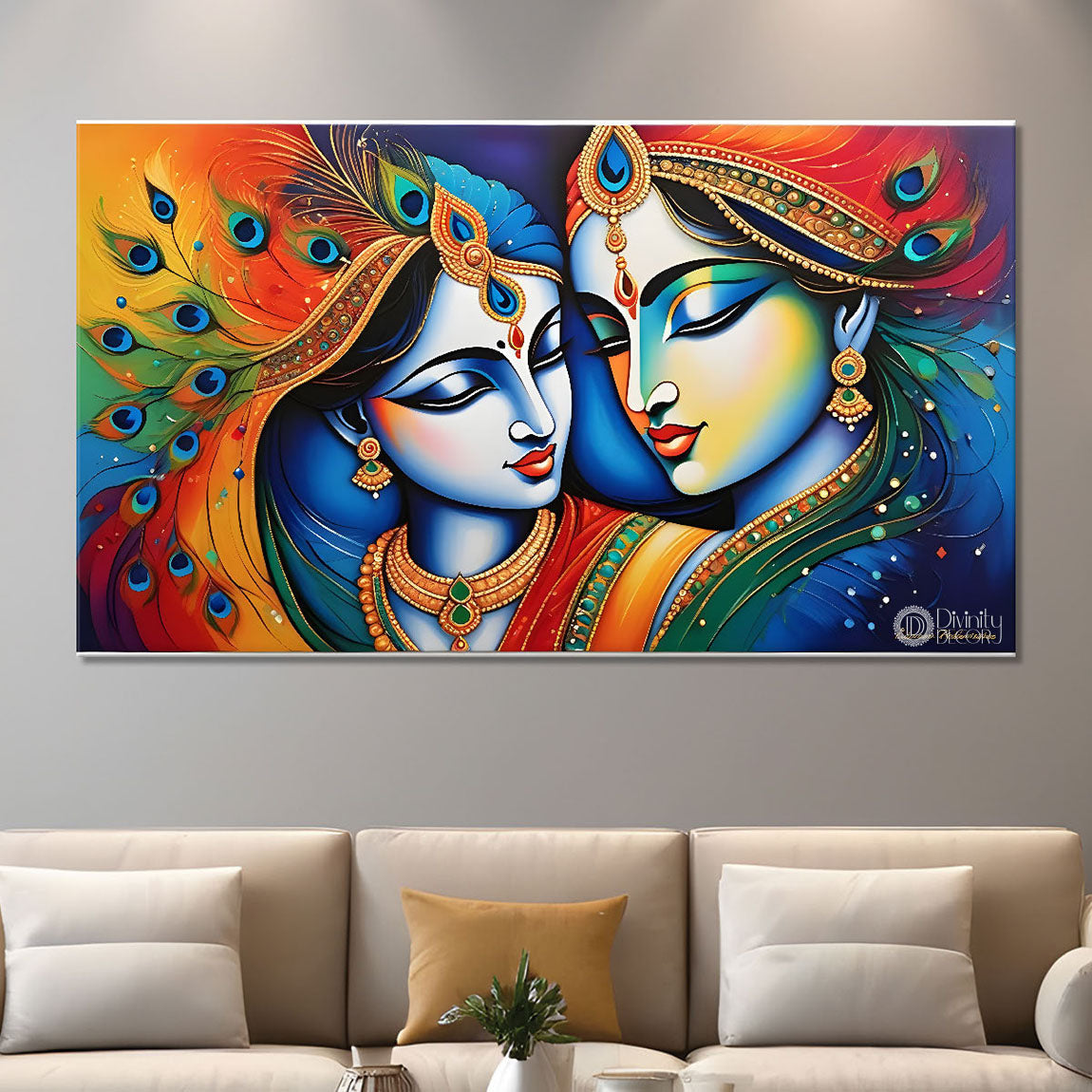 Blue face of Krishna and Radha with orange and peacock feather background painting Canvas Painting - Design - Krishna-158