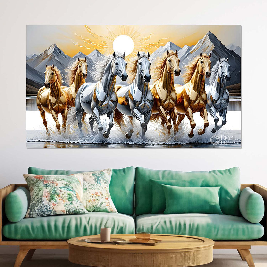 Silver and golden horses running on the water with mountains and sun in grey textured background art Canvas Painting - Design - Horse-159