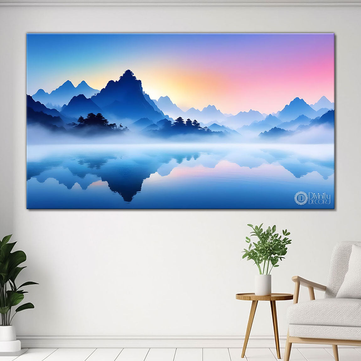 Mountains with river and clouds textured water color art Canvas Painting - Nature Art -159
