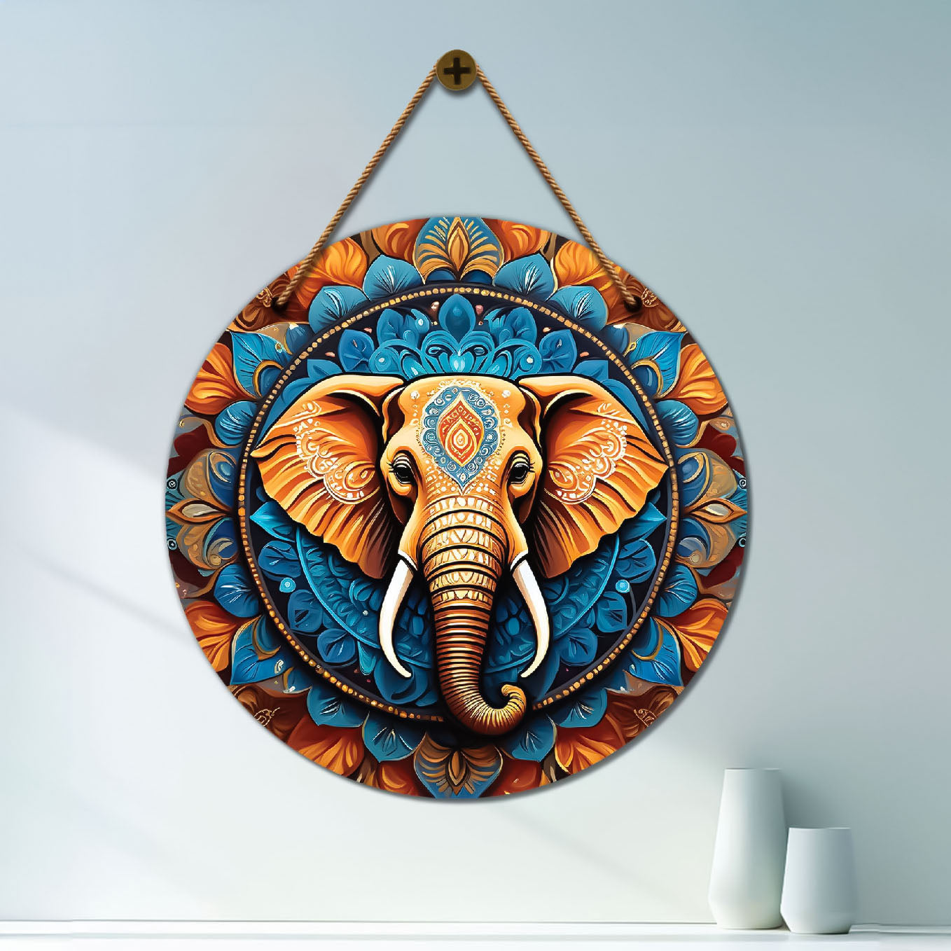Elephant in blue and orange mandala Round Wooden Wall Hanging for wall Décor - Design - 159