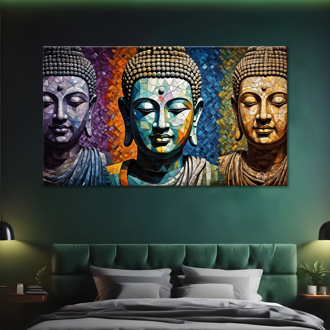 Three buddha with colorful background textured painting Canvas Wall Painting - Buddha-159