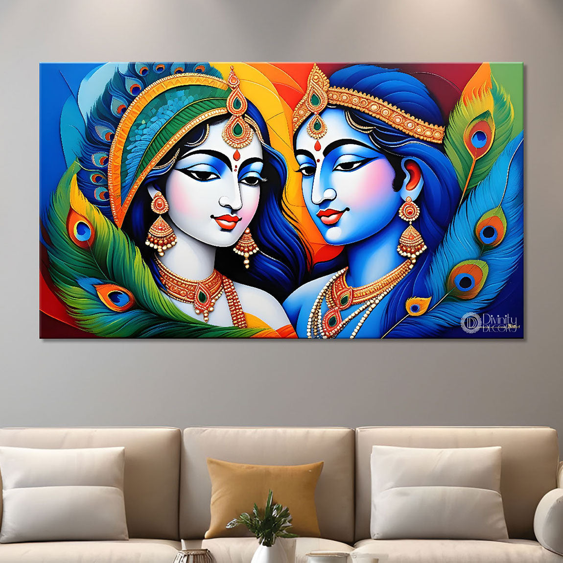Blue face of Krishna and Radha with orange and peacock feather background painting Canvas Painting - Design - Krishna-159