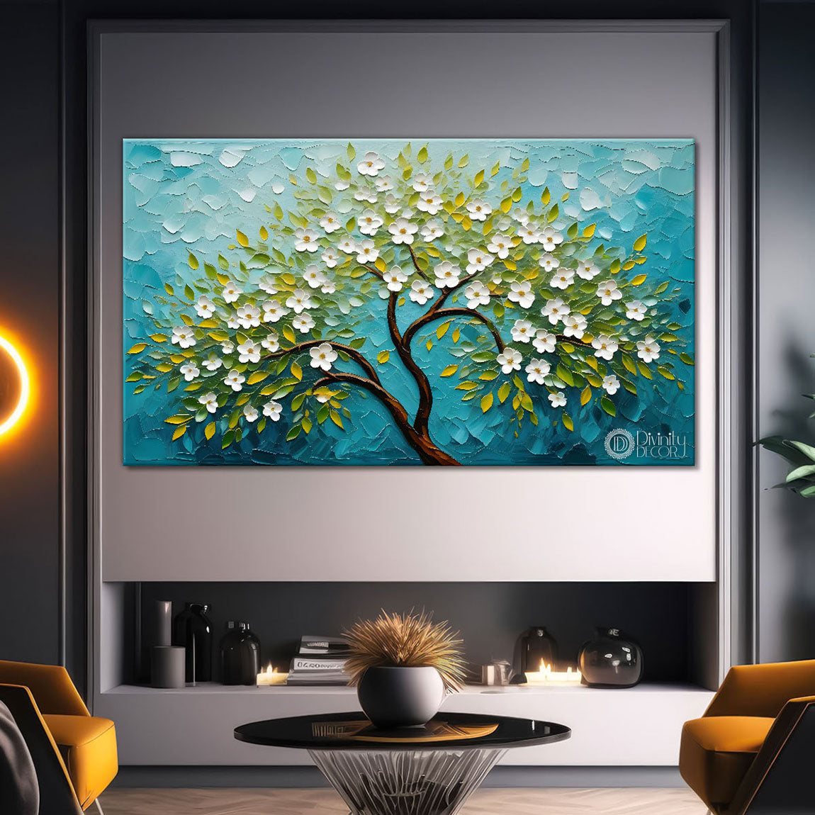 White flower tree in textured background oil painting- Design - Tree-159