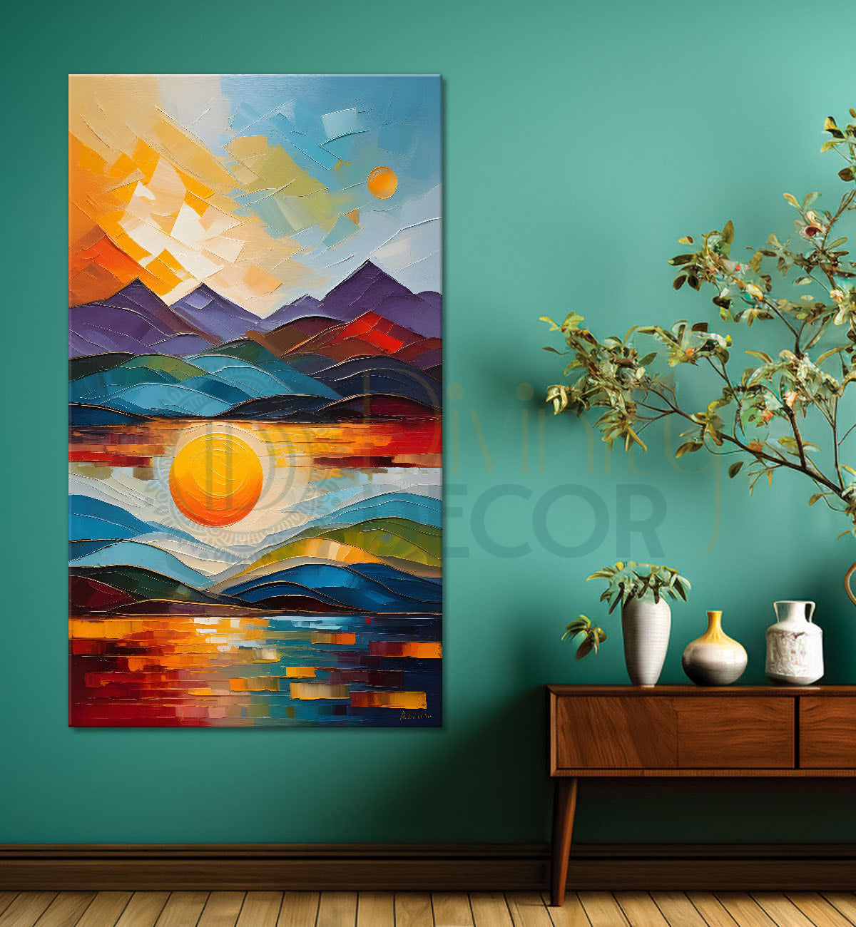Colourful texutred modern art painting off mountains with sunset Canvas Painting - Design - Modern-V-15