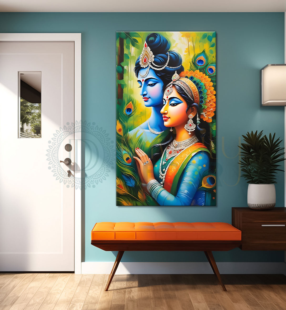 Blue face of krishna with radha in peacock feathers background textured art Canvas Painting - Design - Krishna-V-15
