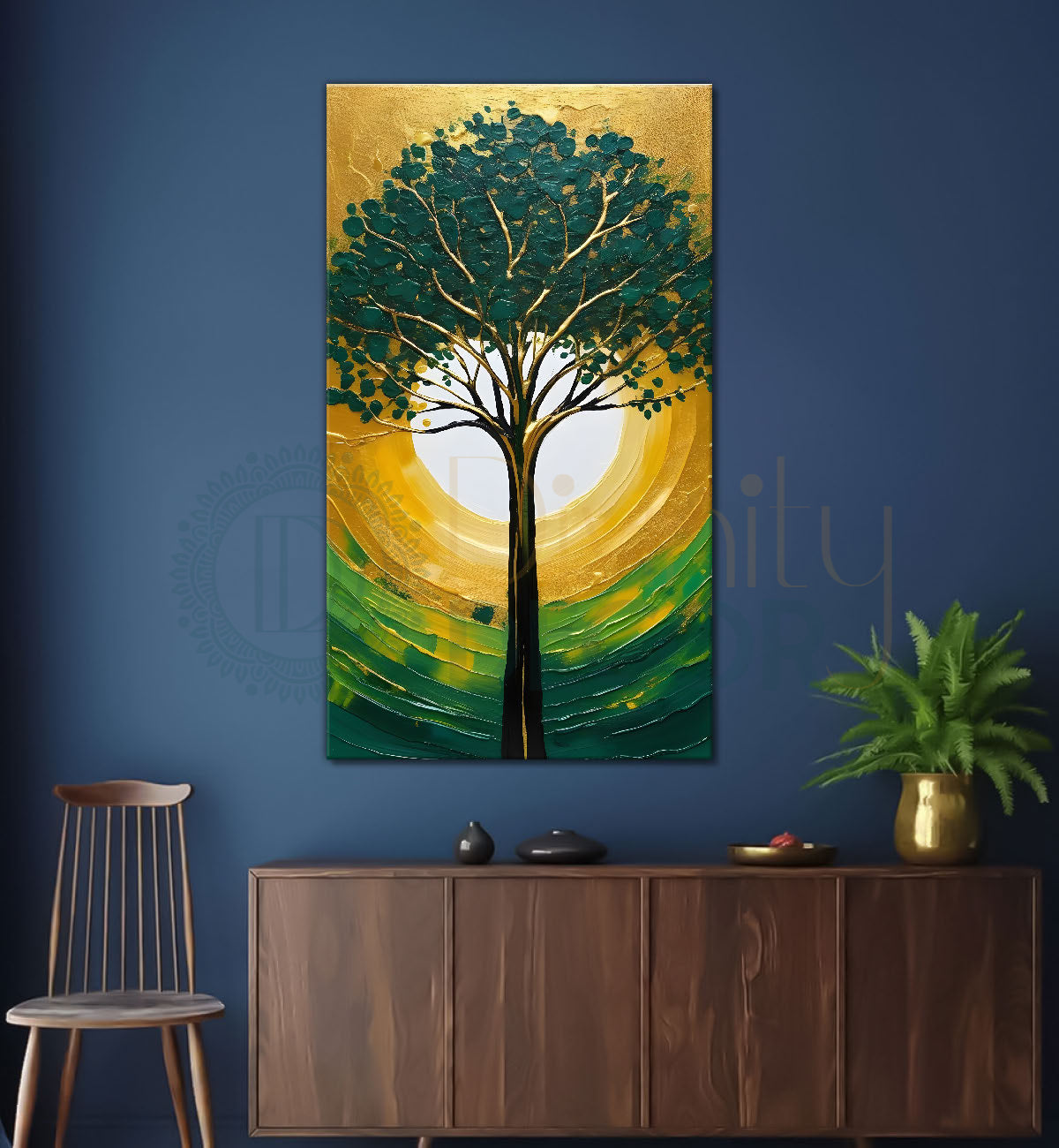 Green Tree in front of sun with bright textured oil painting Canvas painting - Tree-V-16