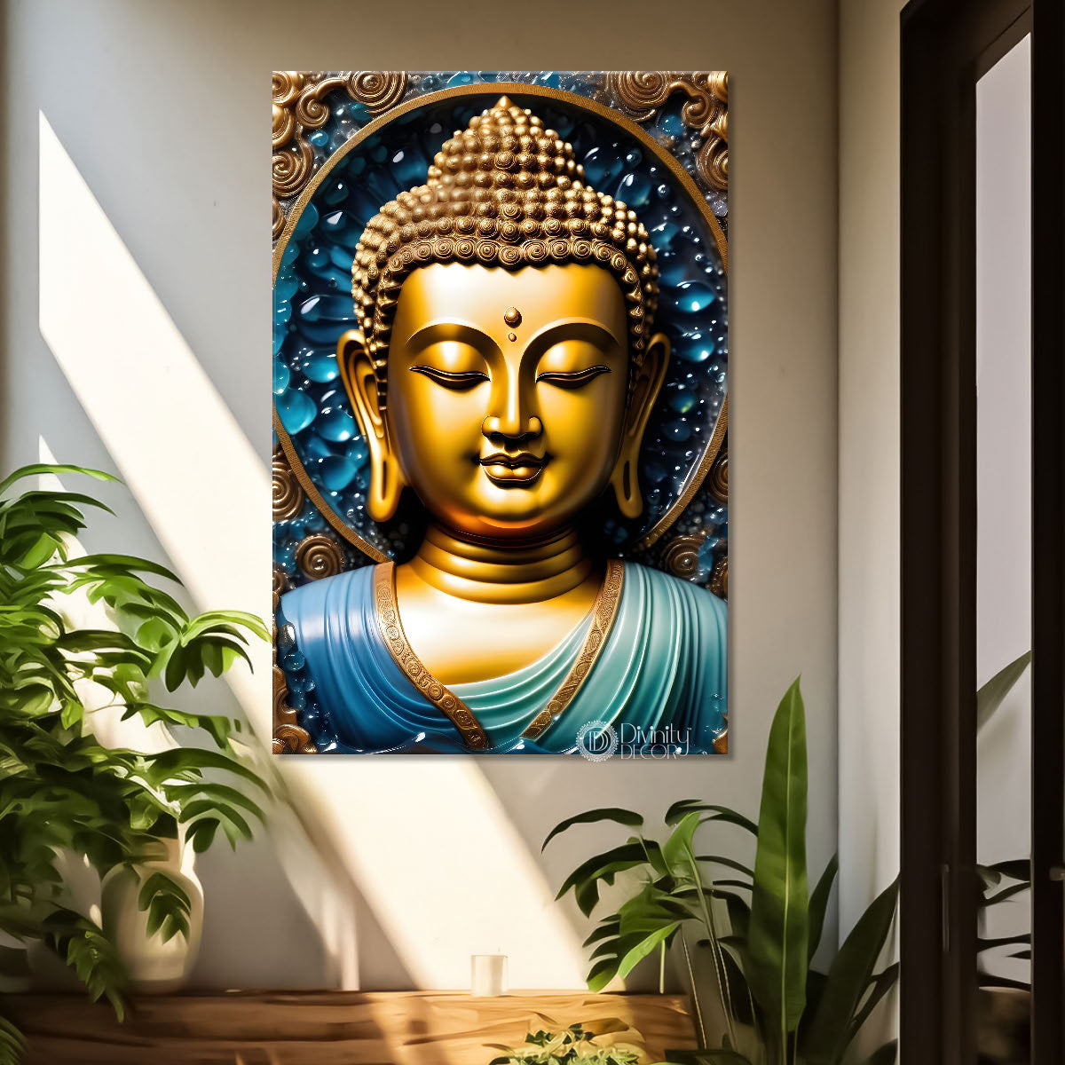 Golden buddha with blue texturd painting - Buddha-V-160