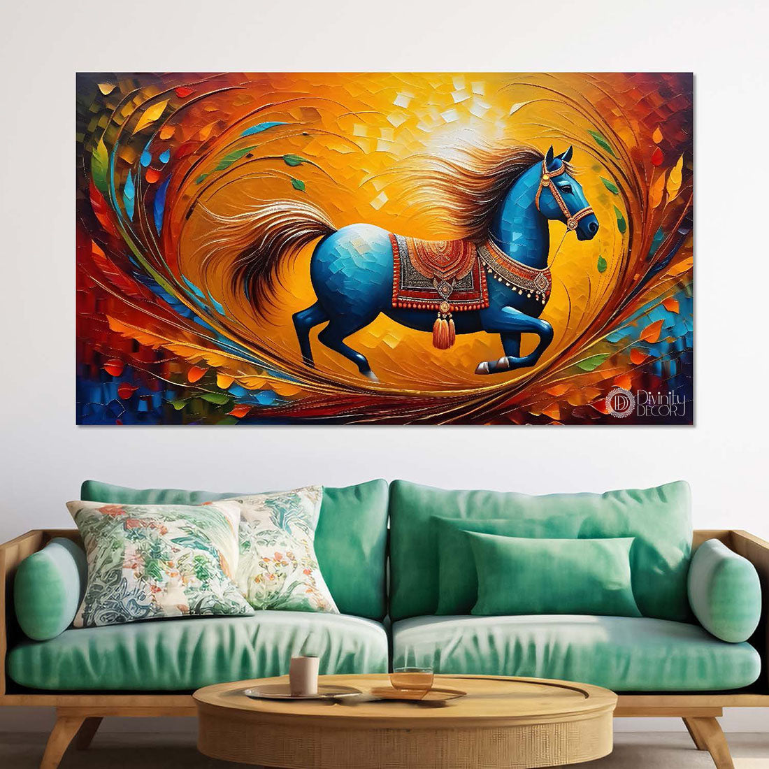 Blue decorated running horse with colorful textured background art Canvas Painting - Design - Horse-160