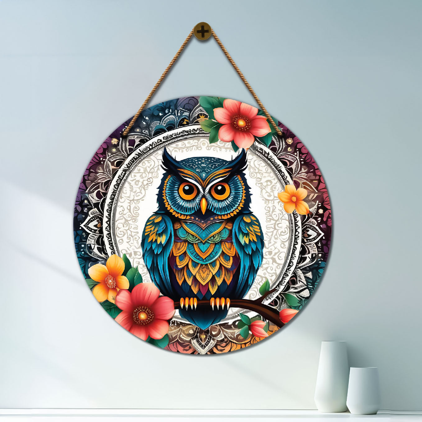 Owl in floral and white mandala Round Wooden Wall Hanging for wall Décor - Design - 160