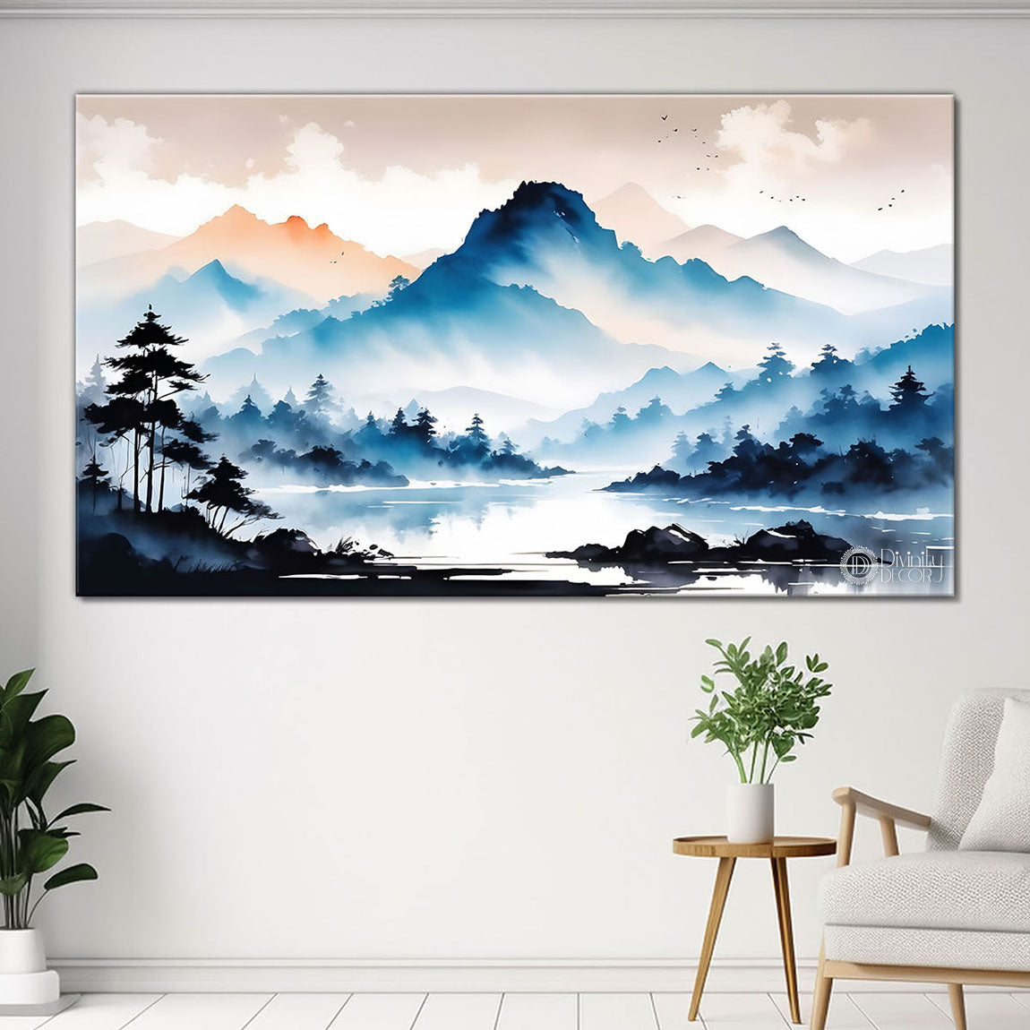 Mountains with river and clouds textured water color art Canvas Painting - Nature Art -160