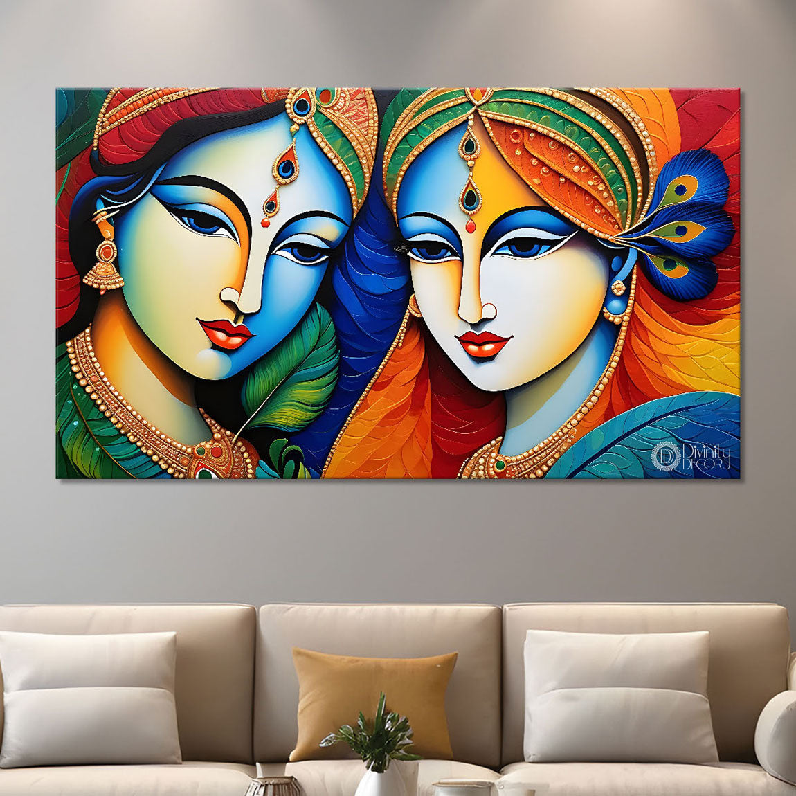 Blue face of Krishna and Radha with orange and peacock feather background painting Canvas Painting - Design - Krishna-161