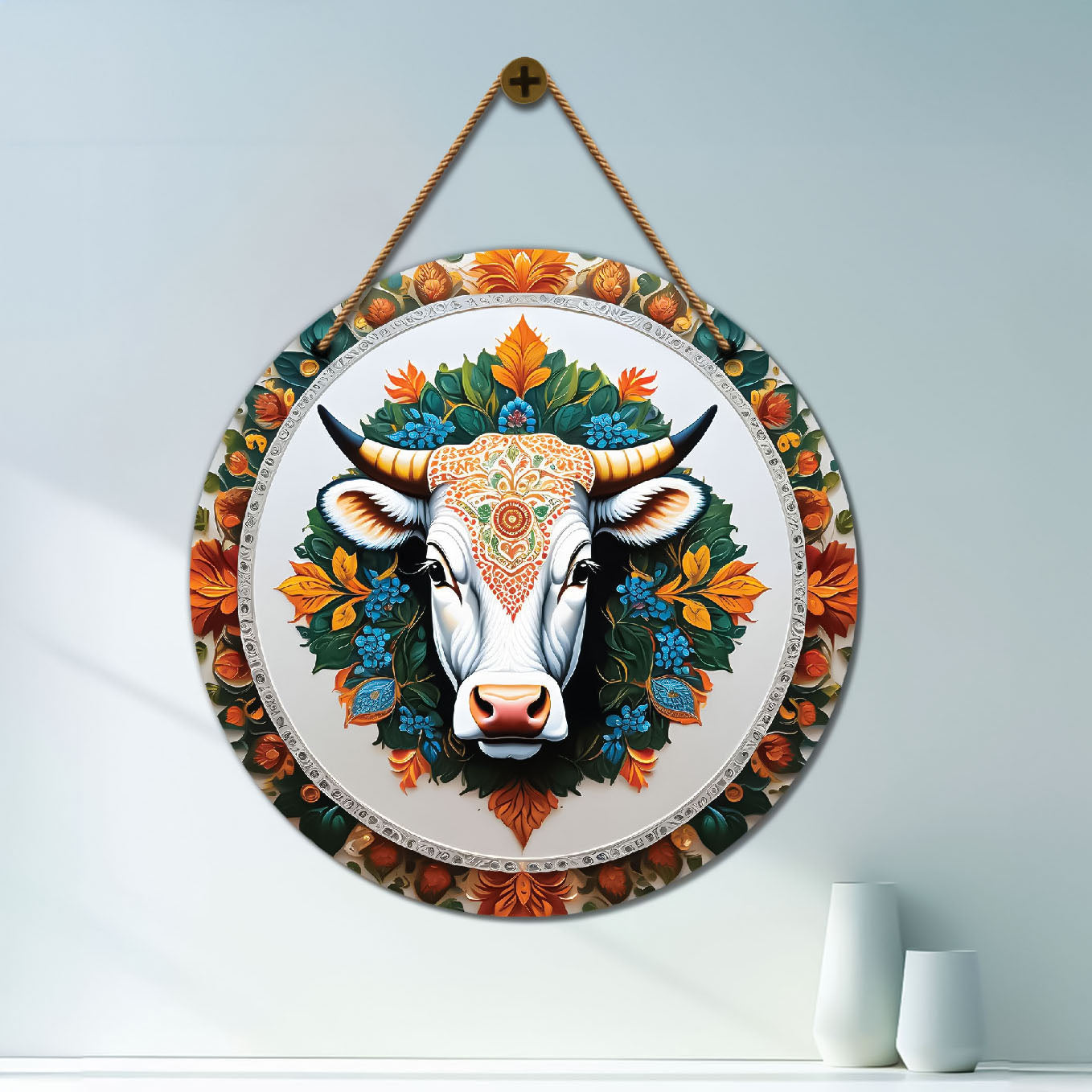 Cow in white and blue mandala Round Wooden Wall Hanging for wall Décor - Design - 161