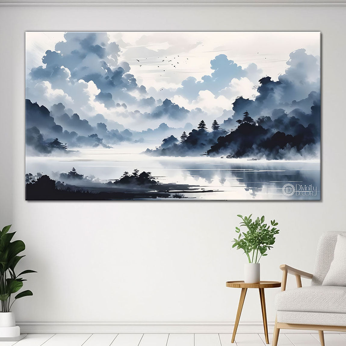 Mountains with river and clouds textured water color art Canvas Painting - Nature Art -161