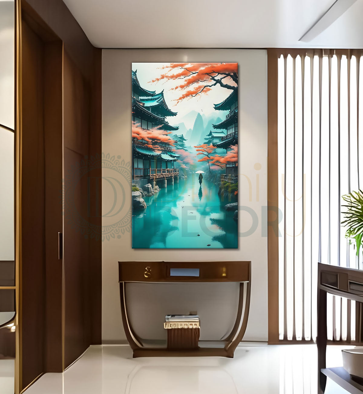 Mountains withlake in aqua green background in textured painting Canvas Painting - Nature Art -V-161