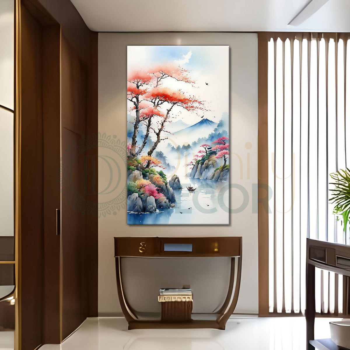 Mountains with pink trees and clouds in textured water colour painting ...