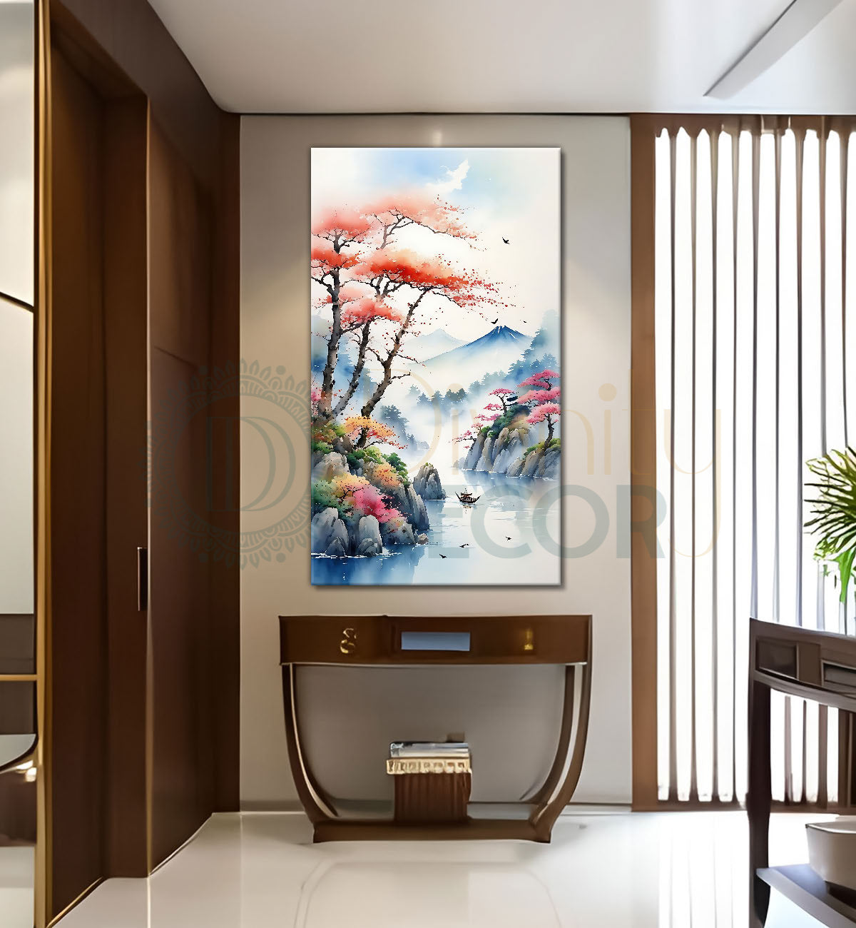 Mountains with pink trees and clouds in textured water colour painting Canvas Painting - Nature Art -V-162