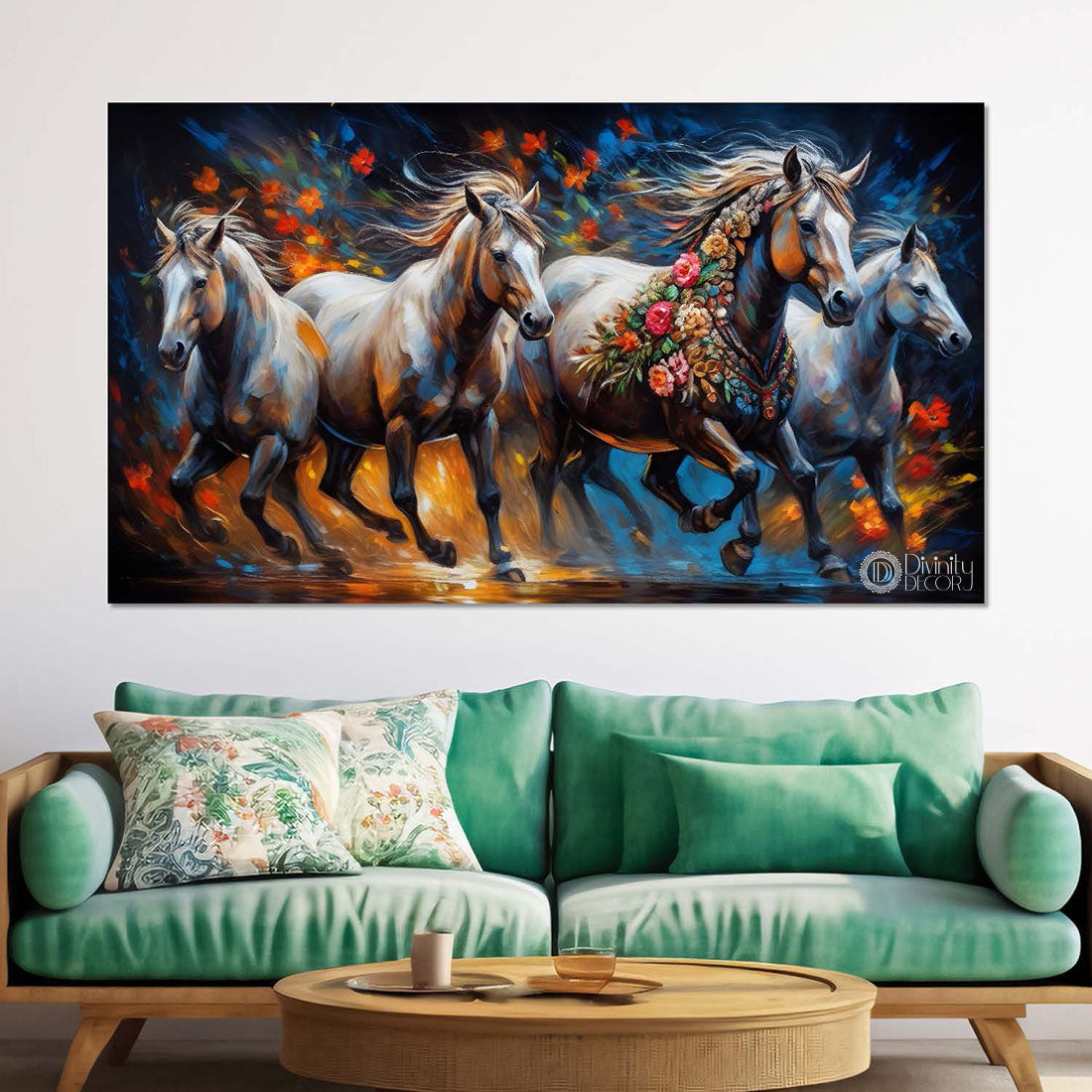 White decorated horses with orange flowers and blue textured background art Canvas Painting - Design - Horse-162