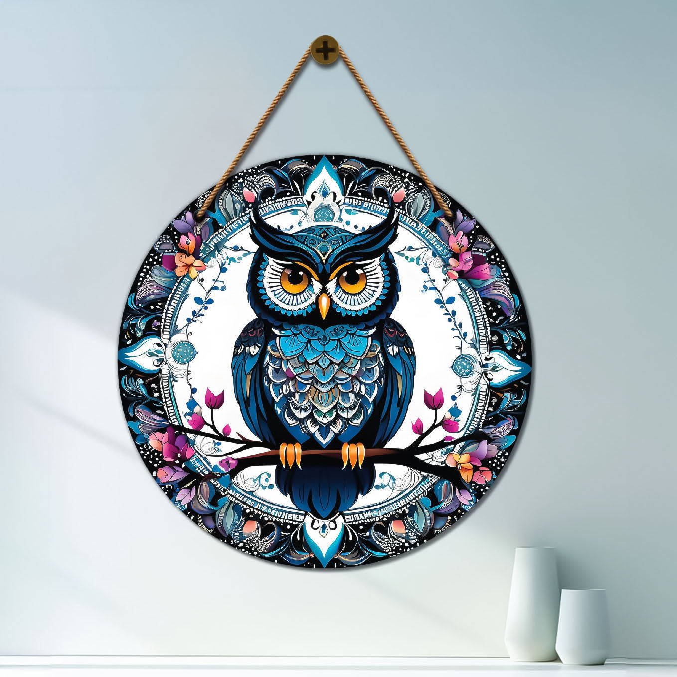 Owl in white and blue mandala Round Wooden Wall Hanging for wall Décor - Design - 162