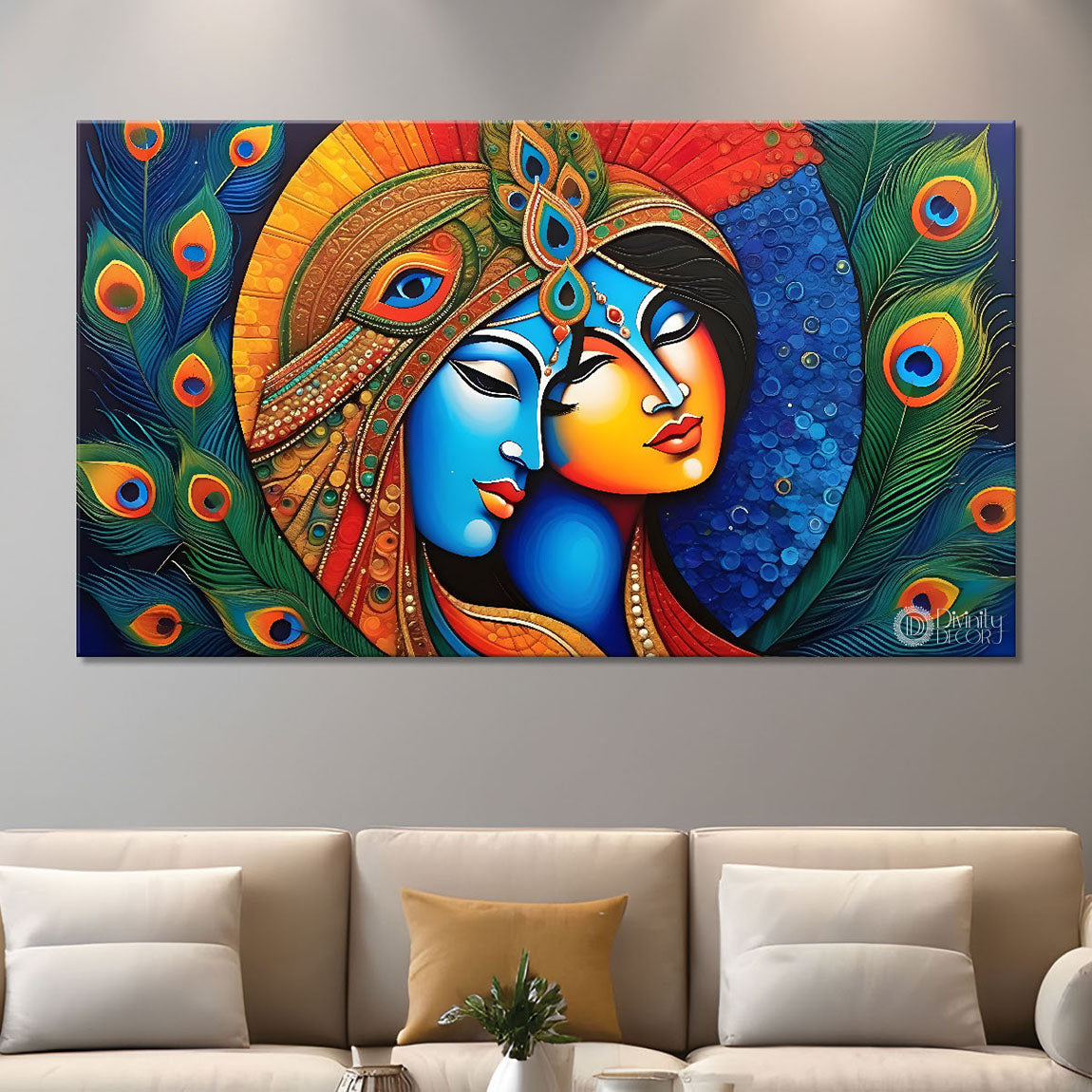 Blue face of Krishna and Radha with peacock feather background painting Canvas Painting - Design - Krishna-162