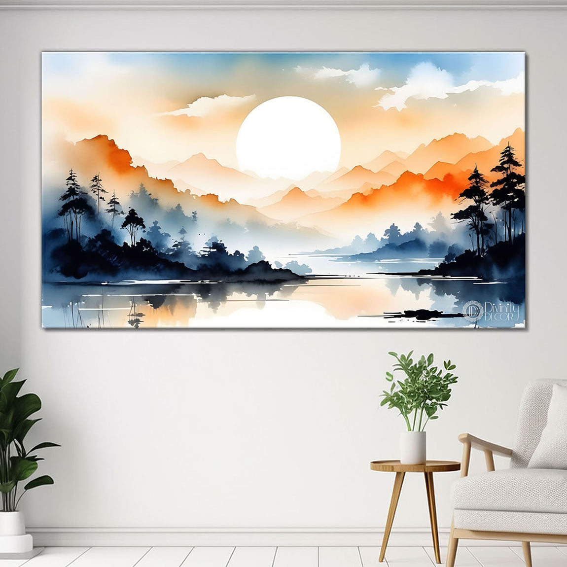 Mountains with river and sunset textured water color art Canvas Painting - Nature Art -162