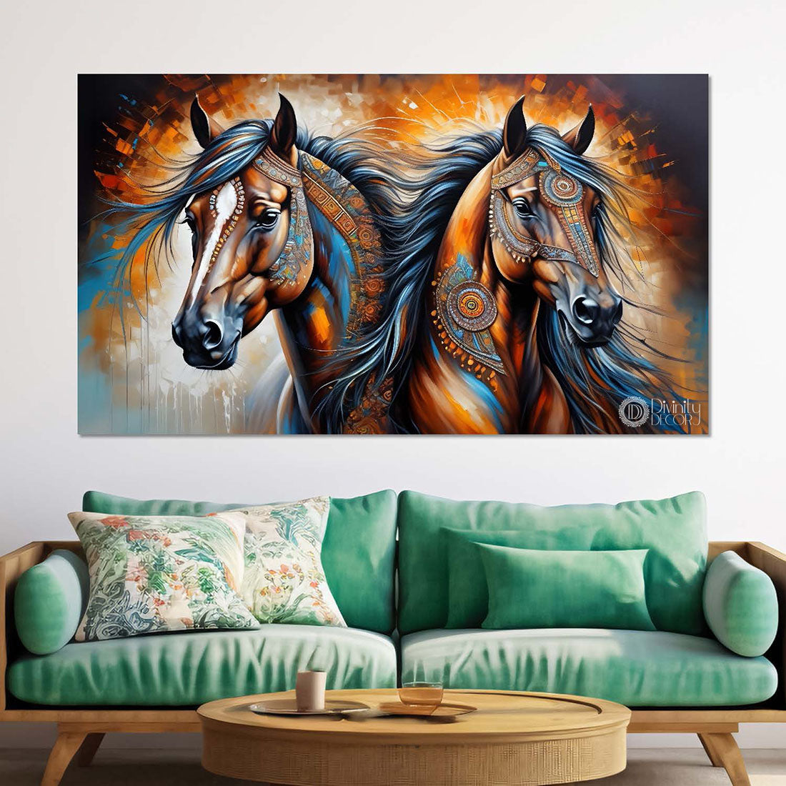 Two brown decorated horses in yellow and dark textured background art Canvas Painting - Design - Horse-163