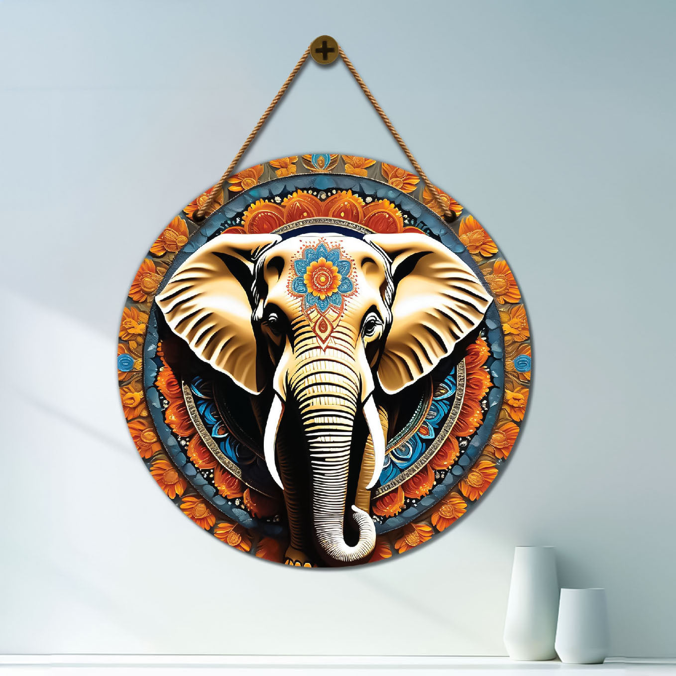 Elephant in green and orange mandala Round Wooden Wall Hanging for wall Décor - Design - 163