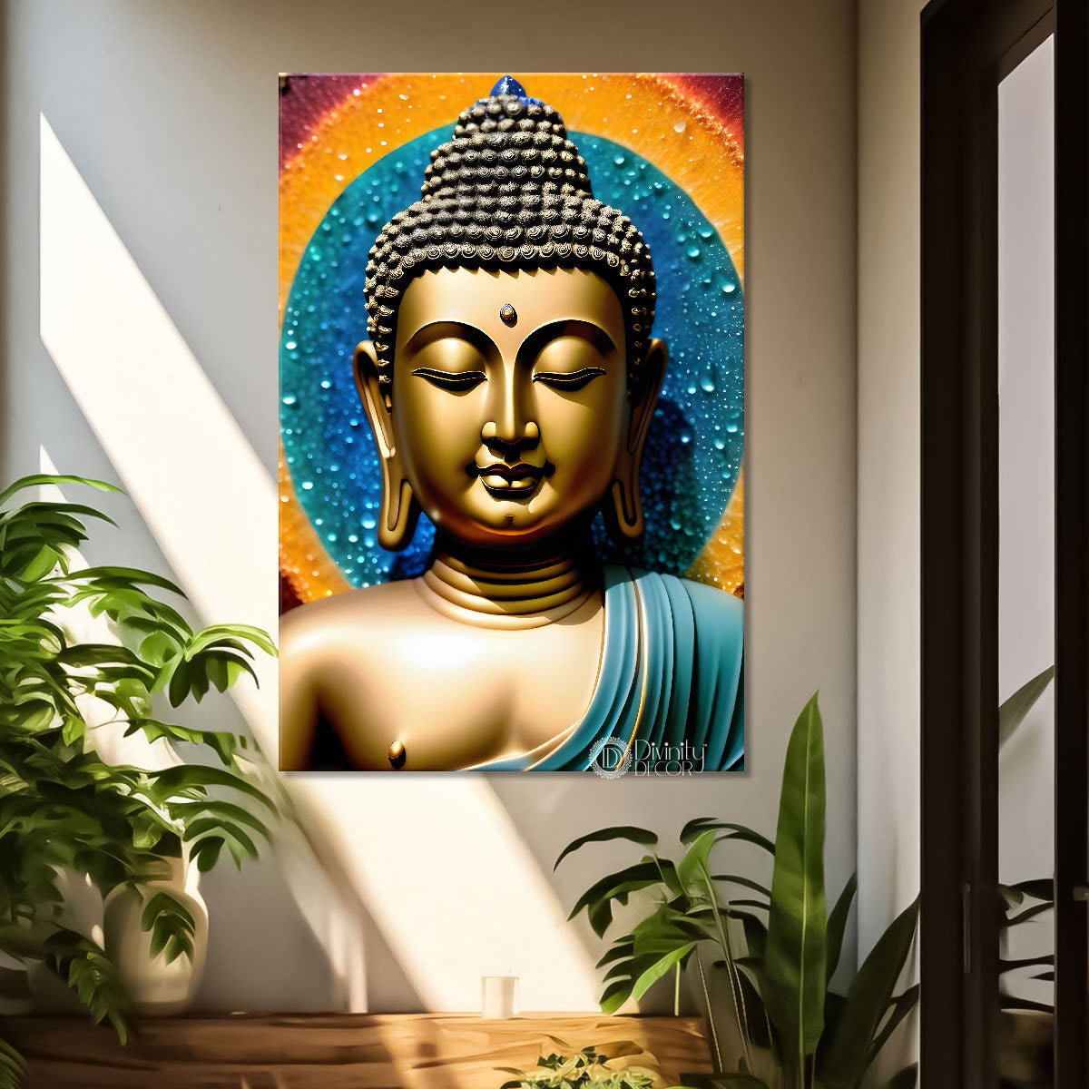 Golden buddha with blue texturd painting - Buddha-V-163