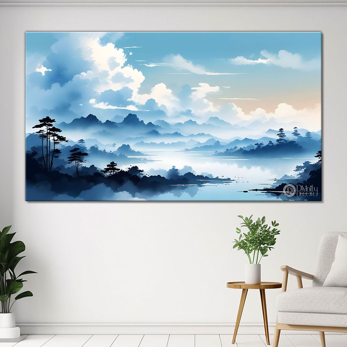 Mountains with river, trees and clouds textured water color art Canvas Painting - Nature Art -163