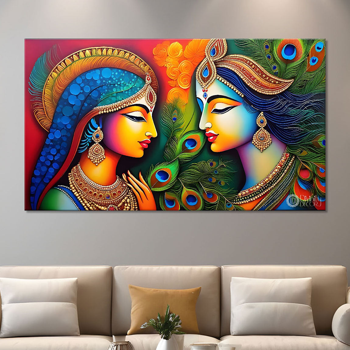Blue face of Krishna and Radha with orange and peacock feather background painting Canvas Painting - Design - Krishna-163