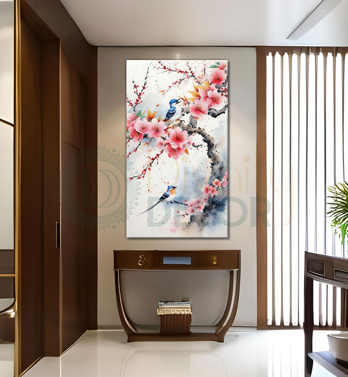 Bird sitting on a pink tree in textured natural art Canvas Painting - Nature Art -V-163