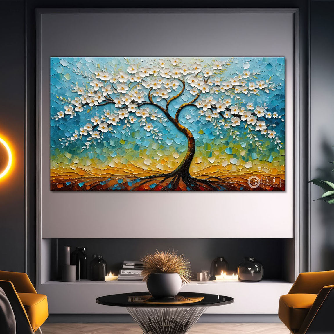 White flower tree in textured background oil painting- Design - Tree-163