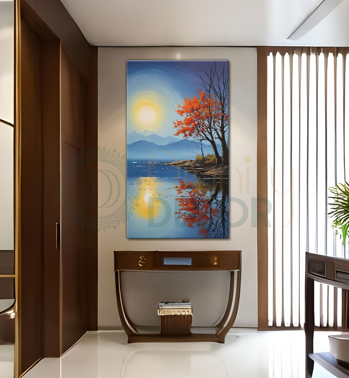 Orange tree with lake and mountains and sun in textured painting Canvas Painting - Nature Art -V-164