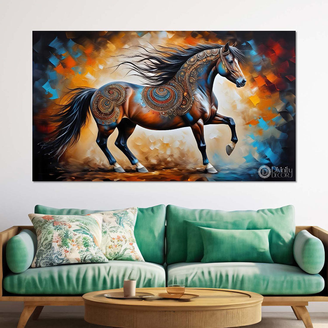 One decorated horse with colorful textured background art Canvas Painting - Design - Horse-164