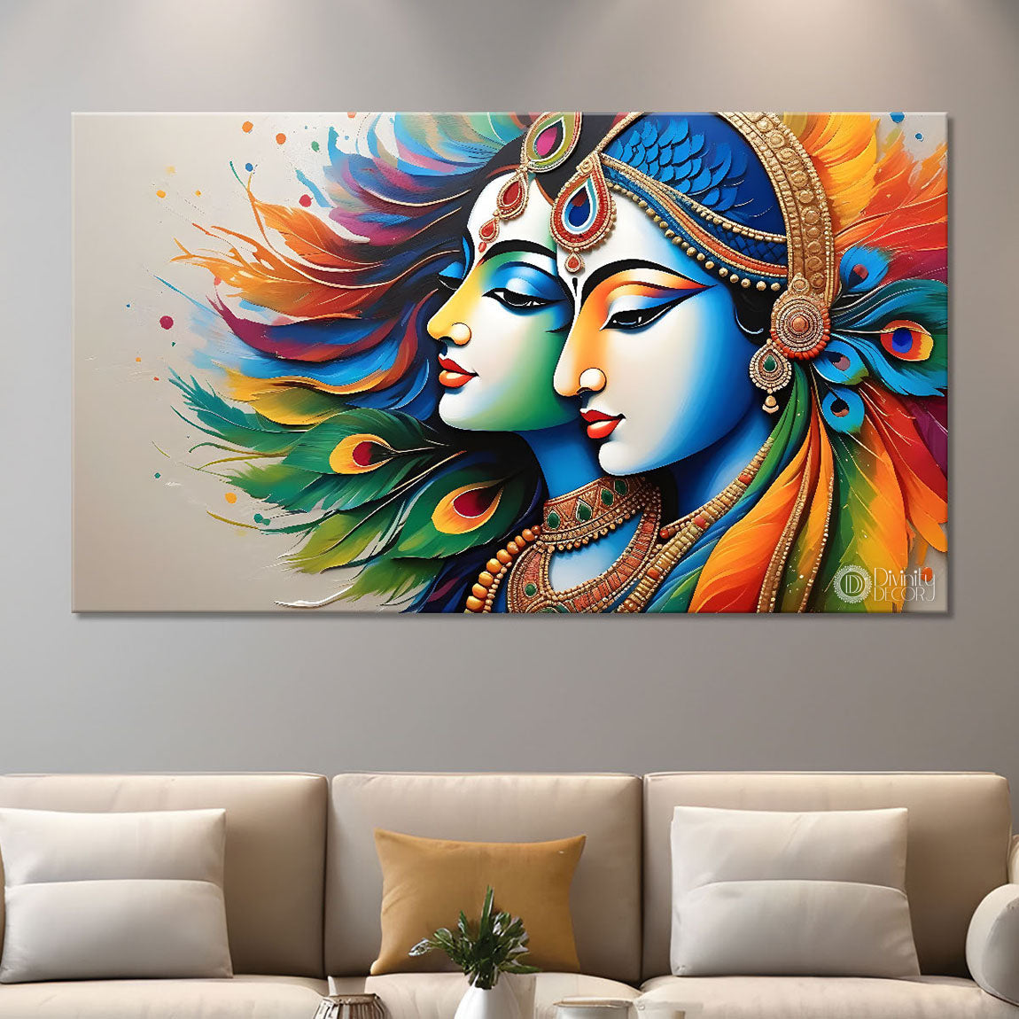Blue face of Krishna and Radha with colorful background painting Canvas Painting - Design - Krishna-164