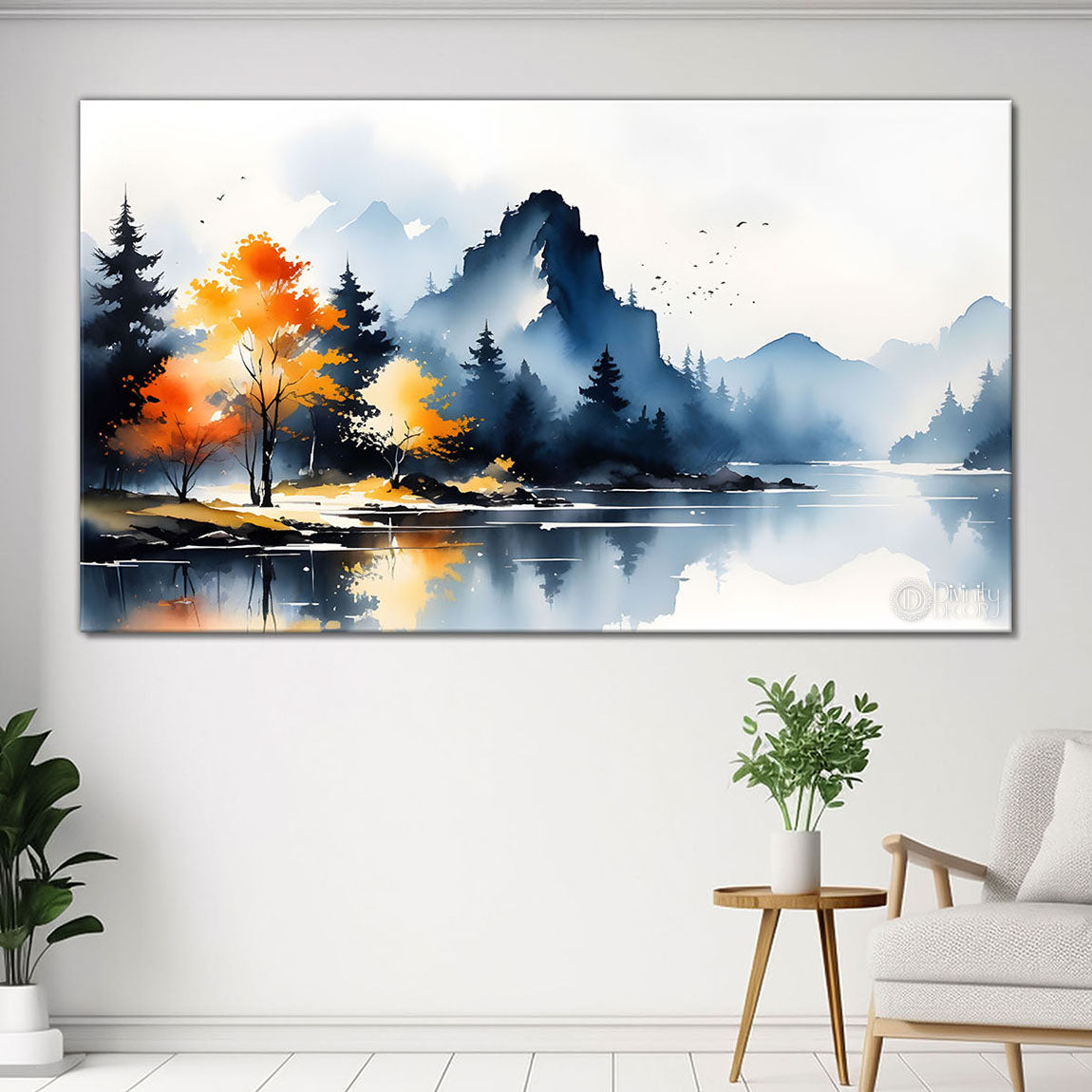 Mountains with river, trees and clouds textured water color art Canvas Painting - Nature Art -164