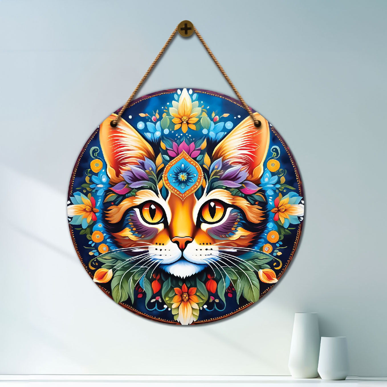 Cat in orange and blue mandala Round Wooden Wall Hanging for wall Décor - Design - 164
