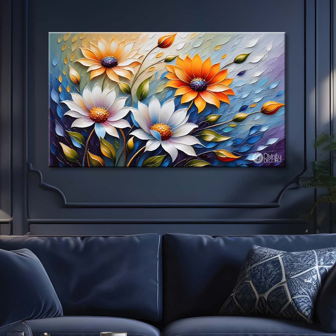 White and orange flowers in blue background- Design - Flower-165
