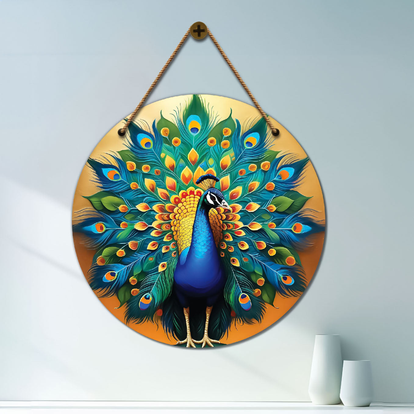 Peacock in green and golden mandala Round Wooden Wall Hanging for wall Décor - Design - 165