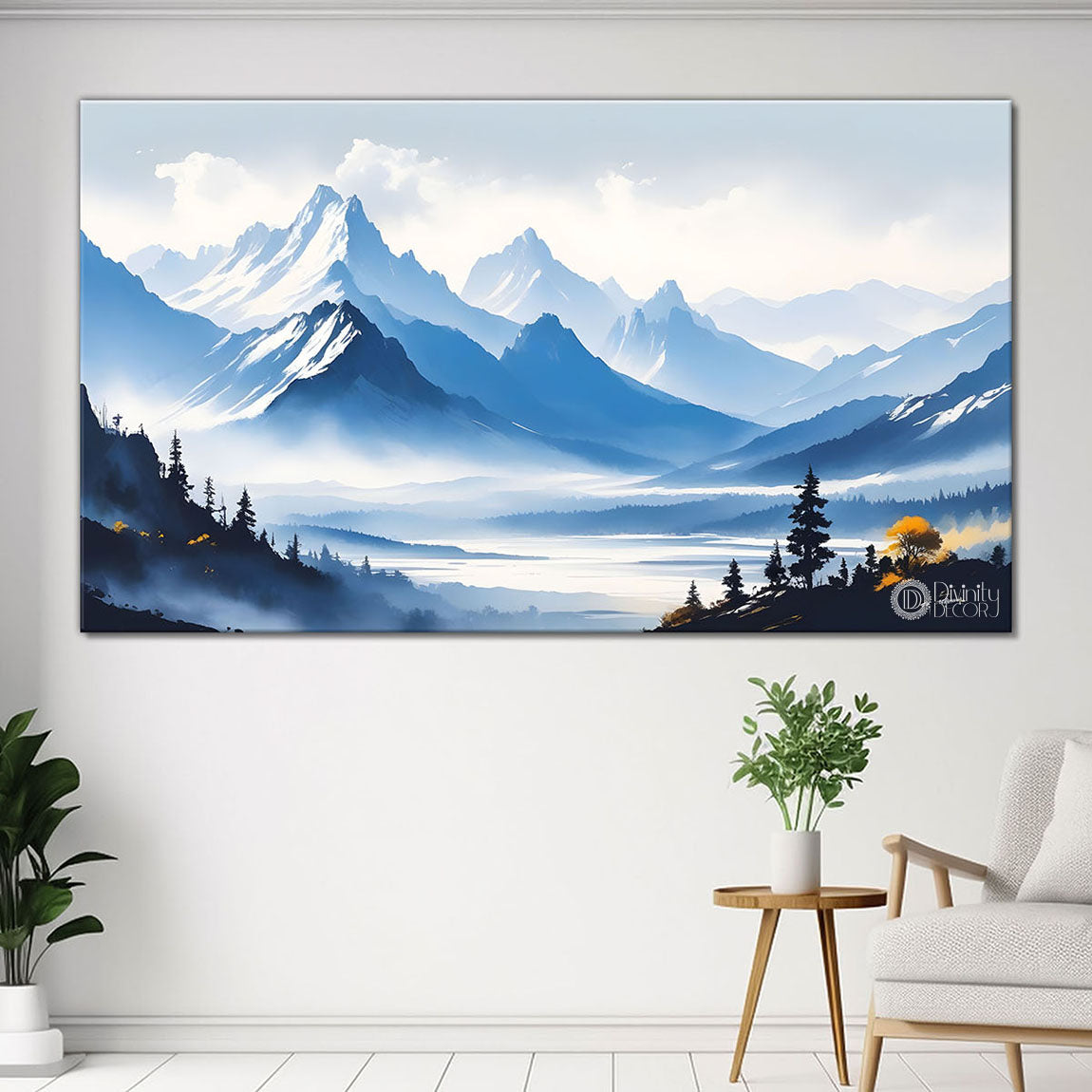 Mountains with river, trees and clouds textured water color art Canvas Painting - Nature Art -165