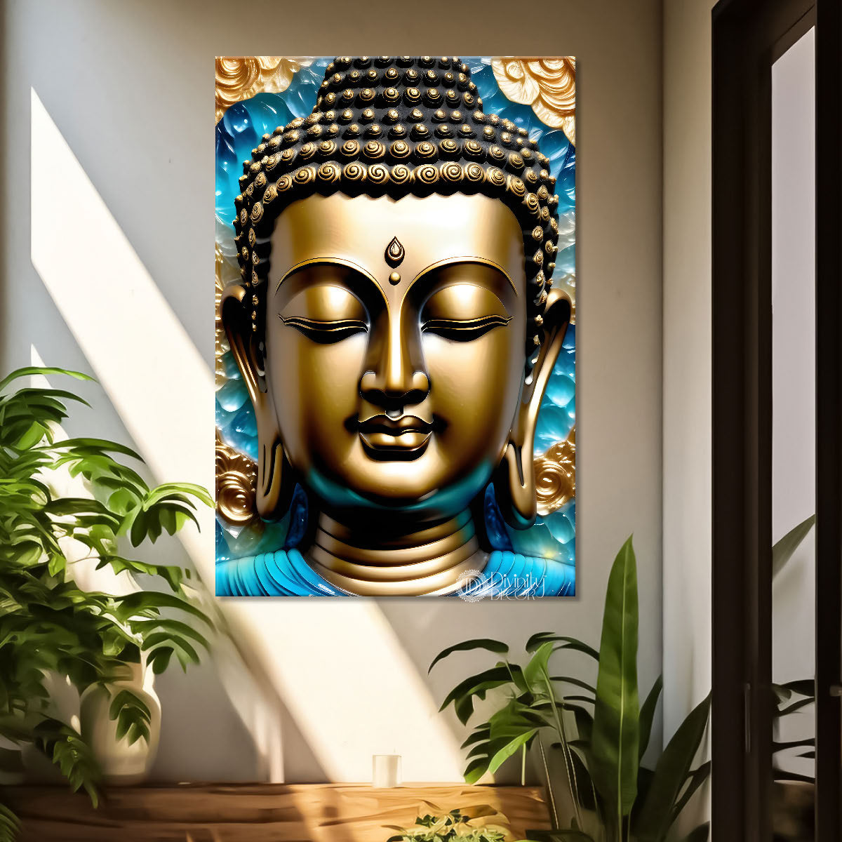 Golden buddha with blue texturd painting - Buddha-V-165