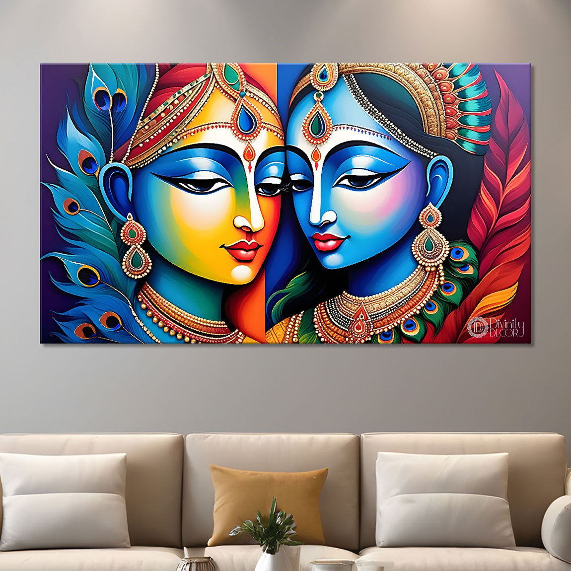 Blue face of Krishna and Radha with colorful background painting Canvas Painting - Design - Krishna-165