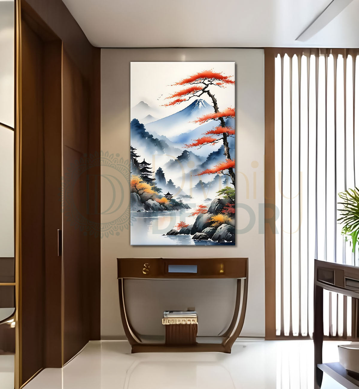 Orange tree with mountains and clouds in textured natural painting Canvas Painting - Nature Art -V-165